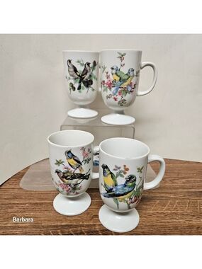 Vintage Set of 4 Japanese Handpainted Parkeet Fine China Footed Mugs